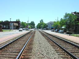 Dual railroad tracks running up the center of Ashland